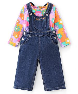 Babyhug 100% Cotton Knit Dungaree & Half Sleeves T-Shirt Set With Floral Print - Blue & Yellow Orange