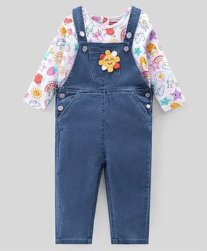 Babyhug 100% Cotton Woven Dungarees With Full Sleeves T-Shirt With Sun Print & Applique -