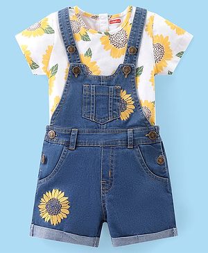 Babyhug Single Jersey Woven Half Sleeves T-Shirt with Floral Print  & Denim Dungaree - White & Blue