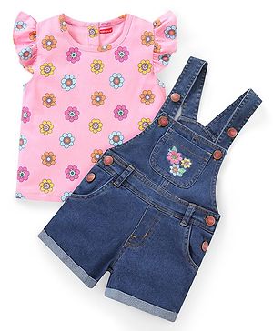 Babyhug Single Jersey Woven Dungaree and Frill Sleeves T-Shirt Floral Theme - Pink & Blue