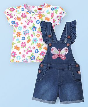 Babyhug Single Jersey Woven Half Sleeves T-Shirt  & Denim Butterfly Print & Embroidery - White & Blue