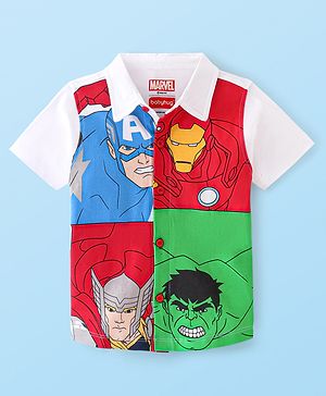 Babyhug Marvel Cotton Knit Half Sleeves Regular Collar Avengers Printed Shirt - Multicolour