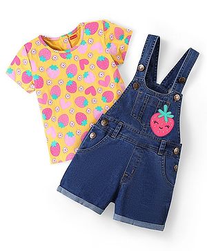 Babyhug Cotton Woven Dungaree with Half Sleeves Inner Tee Fruity Print - Multicolour
