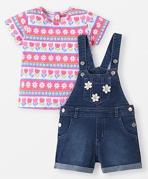 Babyhug Single Jersey Woven Half Sleeves T-Shirt & Denim Floral Print & Embroidery - Multicolor