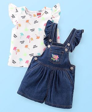 Babyhug Single Jersey Woven Frill Sleeves Floral Embroidered   Dungaree with Top Tropical Theme - White & Blue