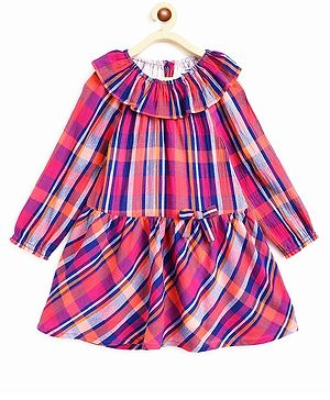 Campana  100% Cotton Full Sleeves Plaid Checked Drop Waist  Dress - Pink & Navy