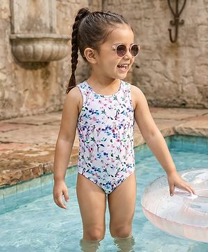 Babyhug V Cut Sleeveless Swimsuit Floral Print -Multicolour