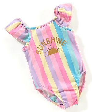 Babyhug V Cut Cap Sleeves Swimsuit Sun Print - Multicolour