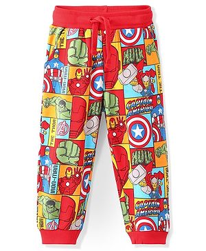 Babyhug Marvel Cotton Looper Knit Full Length Lounge Pant Avengers Print - Red