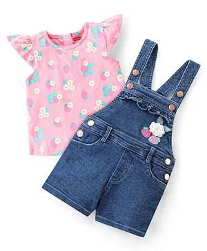 Babyhug Single Jersey Woven Half Sleeves Dungarees & Sets With Back Snap Buttons Strawberry Print - Pink & Blue
