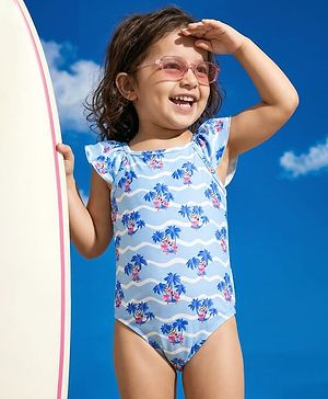 Babyhug Spandex Sleeveless V-Cut Beach Print Swimsuit - Blue
