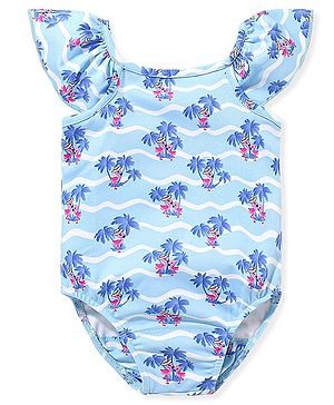 Babyhug Spandex Sleeveless V-Cut Beach Print Swimsuit - Blue