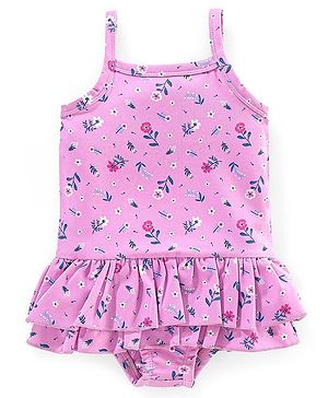 Babyhug V Cut Sleeveless Frock Style Swimsuit Floral Print - Pink