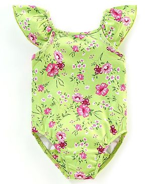 Babyhug V Cut Cap Sleeves Swimsuit Floral Print - Green