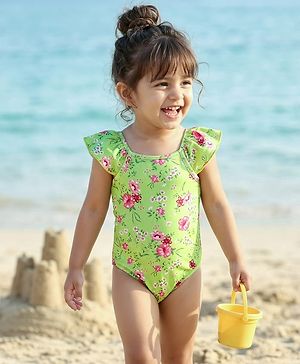 Babyhug V Cut Cap Sleeves Swimsuit Floral Print - Green