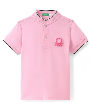 UCB Cotton Elastane Knit Johnny Collar with Logo Embroidery Polo T-Shirt - Pink