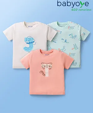 Babyoye 100% Cotton with Eco Jiva Finish Half Sleeves T-Shirts With Animal Print Pack of 3 - Coral White & Light Blue