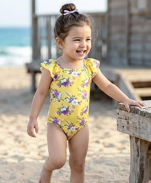Babyhug V Cut Cap Sleeves Swimsuit Floral Print - Yellow