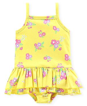 Babyhug V Cut Sleeveless Frock Style Swimsuit Floral Print - Yellow