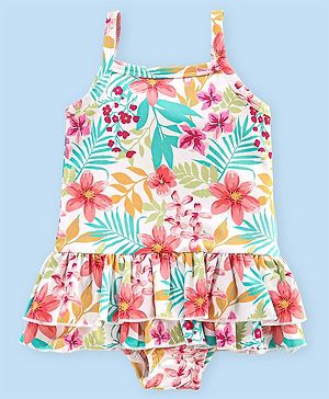 Babyhug V Cut Sleeveless Frock Style Swimsuit Floral Print - Multicolour