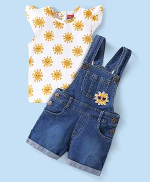Babyhug 100% Cotton Knit Half Sleeves T-Shirt & Dungaree Set Floral Print -Yellow & Blue