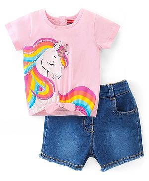 Babyhug Single Jesey Knit Half Sleeves Top with Denim Shorts Unicorn Print - Pink & Blue