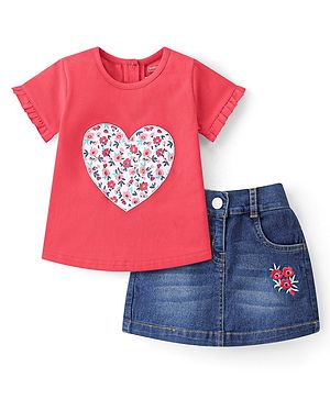 Babyhug 100% Cotton Knit Half Sleeves Top & Skirt With Floral Embroidery - Red & Blue
