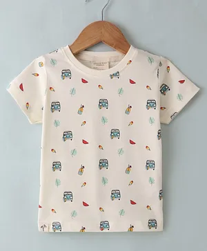 Ollypop Cotton Sinker Knit Half Sleeves T-Shirt Bus Print - Cream