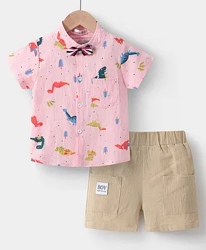 Kookie Kids Half Sleeves Party Wear Shirt with Bow and Shorts Set Dino Print - Pink
