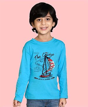 NUSYL Full Sleeves Life Is A Journey Text & Boat Printed Tee - Blue