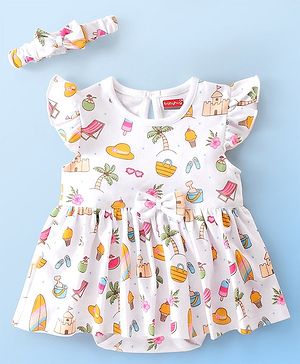 Babyhug 100% Cotton Knit Single Jersey Frill Sleeves Onesie with Headband Beach Theme Print - White
