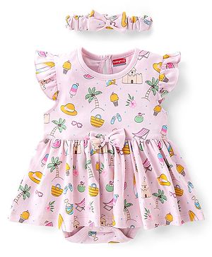 Babyhug 100% Cotton Single Jersey Knit Frill Sleeves Frock Style Onesie with Hairband Beach Theme - Pink