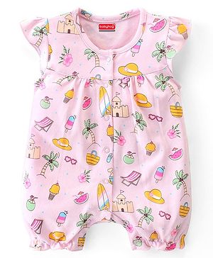 Babyhug 100% Cotton Knit Single Jersey Frill Sleeves Romper With Beach Theme Print - Pink