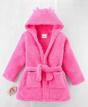 Babyhug Full Sleeves Velour Hooded Bathrobe - Pink