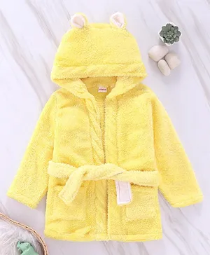 Babyhug Full Sleeves Velour Hooded Bathrobe - Yellow