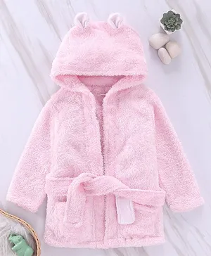 Babyhug Full Sleeves Velour Hooded Bathrobe - Pink