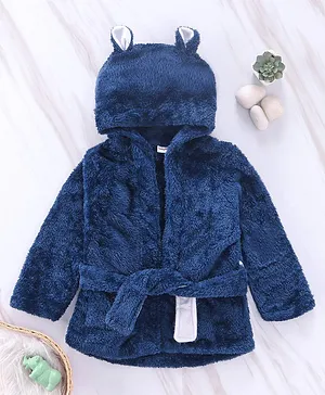 Babyhug Full Sleeves Velour Hooded Bathrobe - Navy Blue