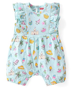 Babyhug 100% Cotton Knit Frill Sleeves Romper Beach Theme - Blue
