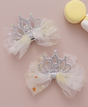 Babyhug Free Size  Bow Clips with Crown Applique Pack of 2 - Beige