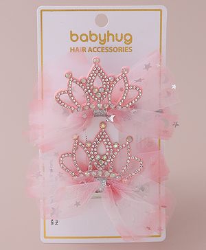 Babyhug Free Size Bow Clips with Crown Applique Pack of 2 - Pink