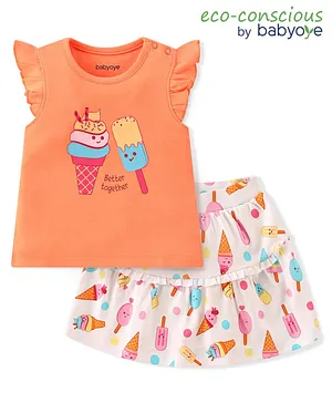 Babyoye Eco Conscious Cotton Knit Frill Sleeves Top with Skirt Set Ice Cream Print - White & Orange