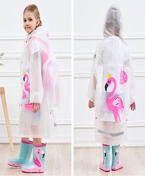 Pine Kids Full Sleeves Hooded Raincoat Flamingo Print - White & Pink