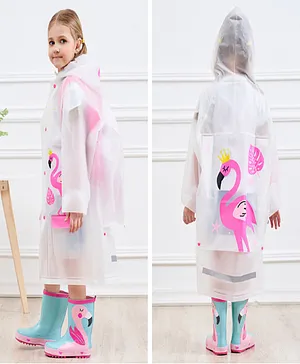 Pine Kids Full Sleeves Hooded Raincoat
                      Flamingo Print - White & Pink