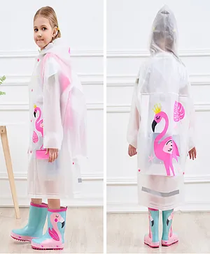 Pine Kids Full Sleeves Hooded Calf Length Raincoat Flamingo Print - White & Pink
