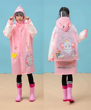 Babyhug Full Sleeves Knee Length Hooded
                      Raincoat Elephant Print - Peach