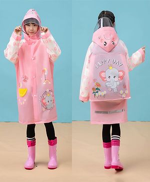 Babyhug Full Sleeves Knee Length Hooded Raincoat Elephant Print - Peach
