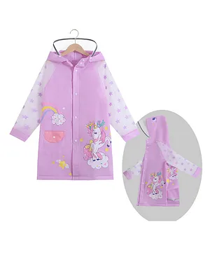 Babyhug Full Sleeves Hooded Raincoat Calf Length Unicorn Print - Light Purple