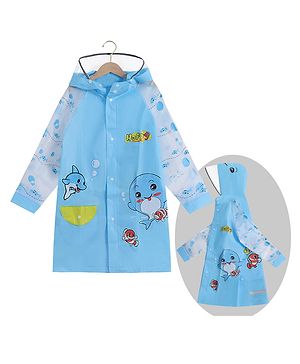 Babyhug Full Sleeves Hooded Raincoat Dolphin Print - Blue
