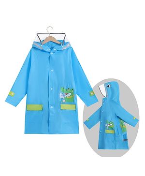 Babyhug Full Sleeves Hooded Raincoat Crocodile Print - Blue