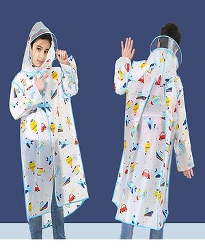 Pine Kids Full Sleeves Hooded Calf Length Raincoat Vehicle Print - Multicolor